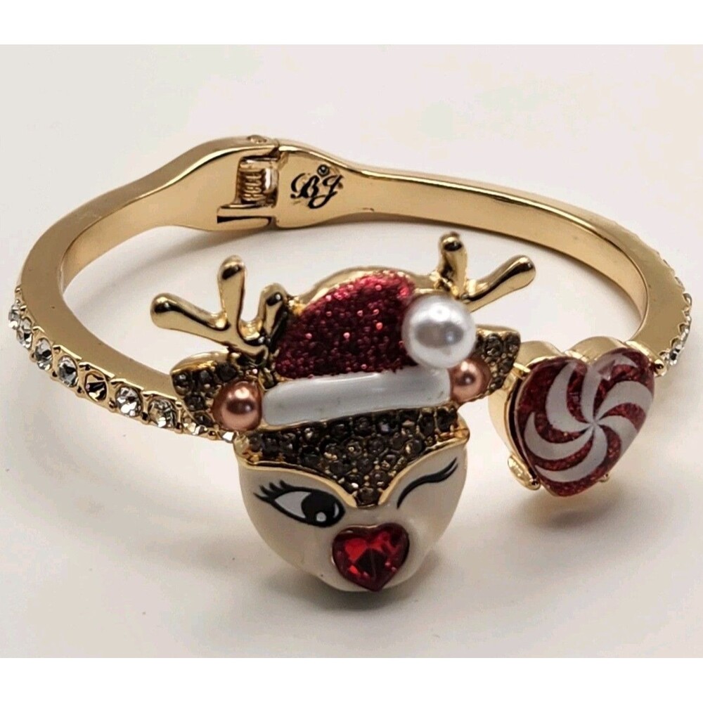 Betsey Johnson Winking Reindeer Crystal Pave Christmas  Holiday Hinge Bracelet